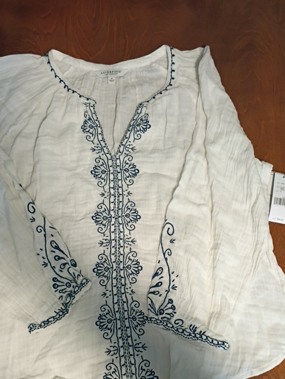 Liverpool White Tunic Top with Navy Blue Embroidery